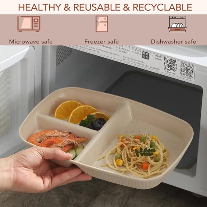 Divided Plates 10.5 Inch for Kids Adults, Portion Control Bariatric Plate, Wheat Straw Plates with 3 Compartments, Unbreakable Reusable Portion Control Plates, BPA Free (Grey Series-4PACK)