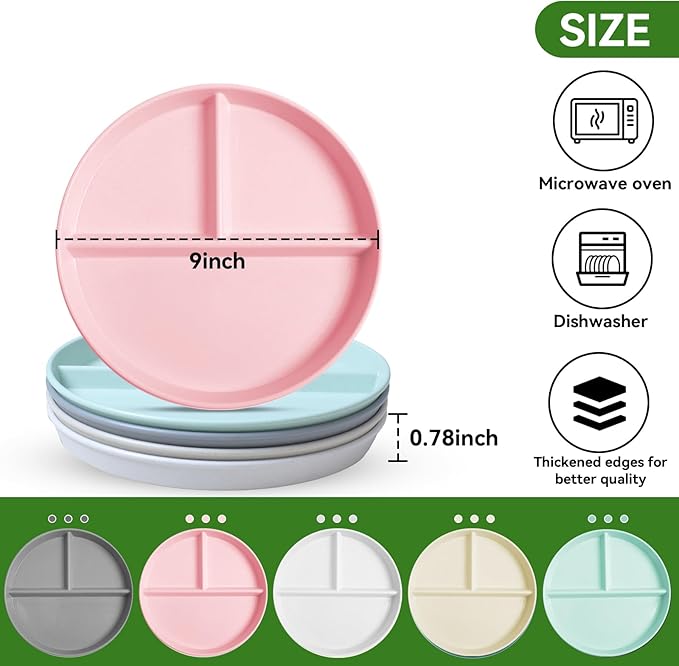 Unbreakable Divided Plates for Kids Adults 9 Inch 5Pcs,Round Portion Control Plate,3 Compartment Plates With Dividers,Microwave And Dishwasher Safe