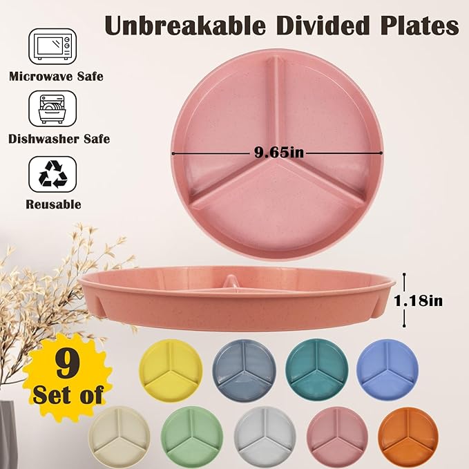 Divided Plates Set, Wheat Straw Portion Control Plate, Reusable Round Divided Plates for Adults, Lightweight Bariatric Plate with Compartments (Round-Set of 9)
