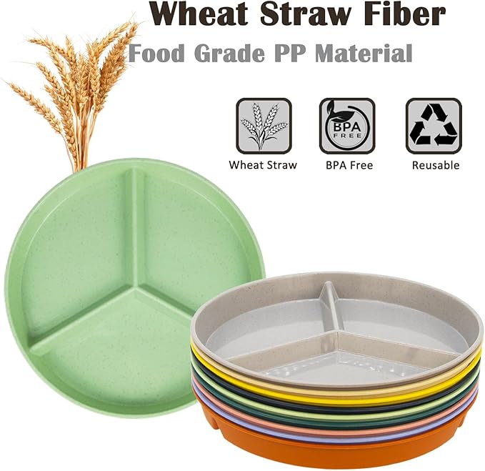 Divided Plates Set, Wheat Straw Portion Control Plate, Reusable Round Divided Plates for Adults, Lightweight Bariatric Plate with Compartments (Round-Set of 9)