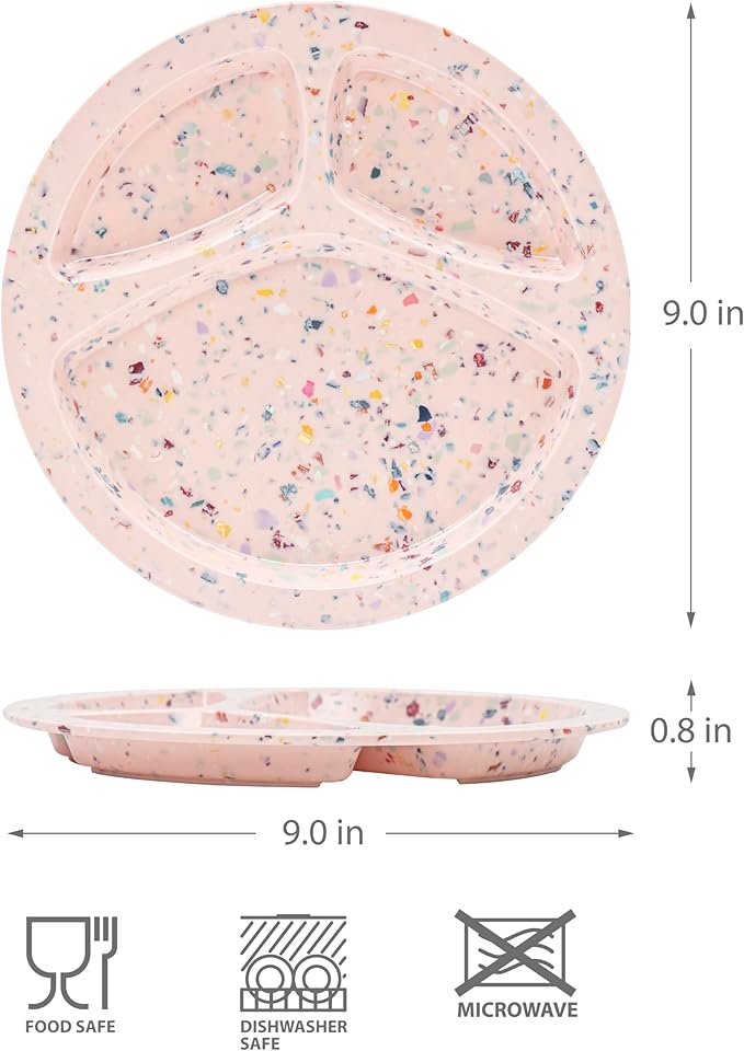 9-Inch Divided Plates – 3-Section Portion Control Plates, Food Safe & Durable, Lightweight & Unbreakable, Reusable Tableware for Kids, Big Kids & Everyday Meals, Confetti Pink