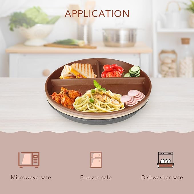 10 Inch 4PCS Unbreakable Portion Control Plates, Divided Plates for Kids Adults, Dishwasher & Microwave Safe Compartment Plate, Lightweight Reusable Wheat Straw Plate, Earth Tone