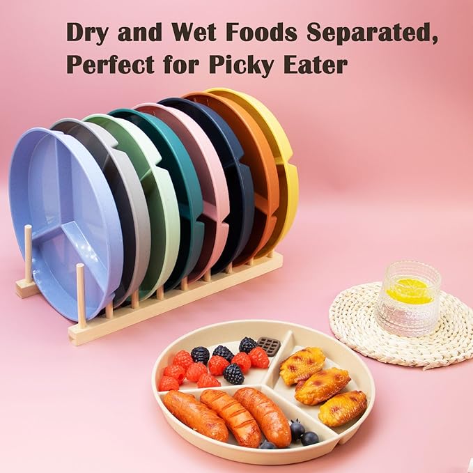 Divided Plates Set, Wheat Straw Portion Control Plate, Reusable Round Divided Plates for Adults, Lightweight Bariatric Plate with Compartments (Round-Set of 9)
