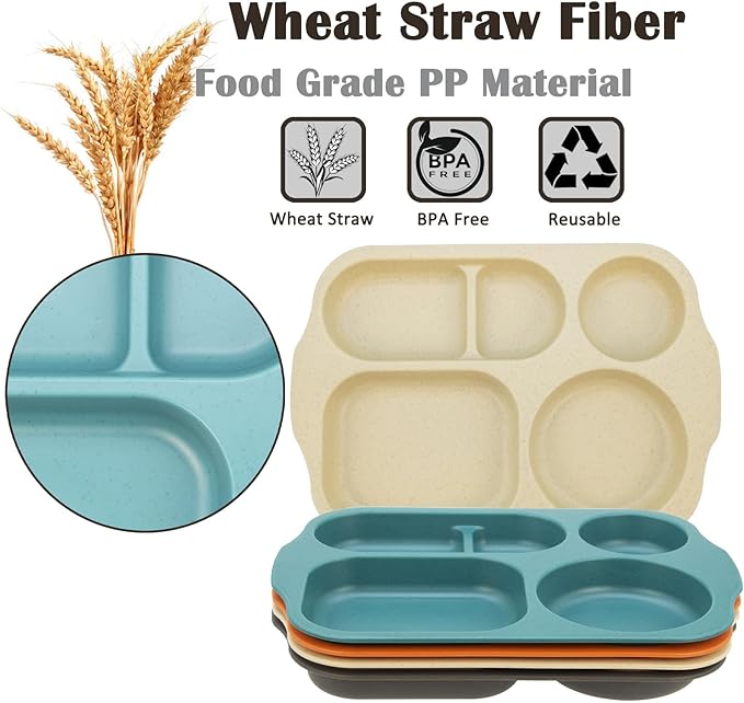 Divided Plates Set, Wheat Straw Portion Control Plate, Reusable Round Divided Plates for Adults, Lightweight Bariatric Plate with Compartments (Rectangular-Set of 4 S)