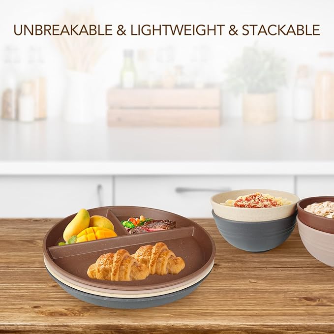 10 Inch 4PCS Unbreakable Portion Control Plates, Divided Plates for Kids Adults, Dishwasher & Microwave Safe Compartment Plate, Lightweight Reusable Wheat Straw Plate, Earth Tone