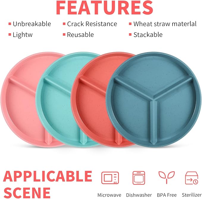 Portion Control Plate 9.6 Inch 8Piece, Divided Plates For Adults With 3 Compartments, Microwave And Dishwasher Safe,Suitable For Adult Weight Loss