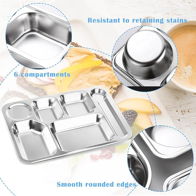 4 Pack Stainless Steel Divided Plates Tray, 6 Sections Rectangular Dinner Plates Control Plates for Adults, Picky Eaters, Campers, Diet Food Portion Control