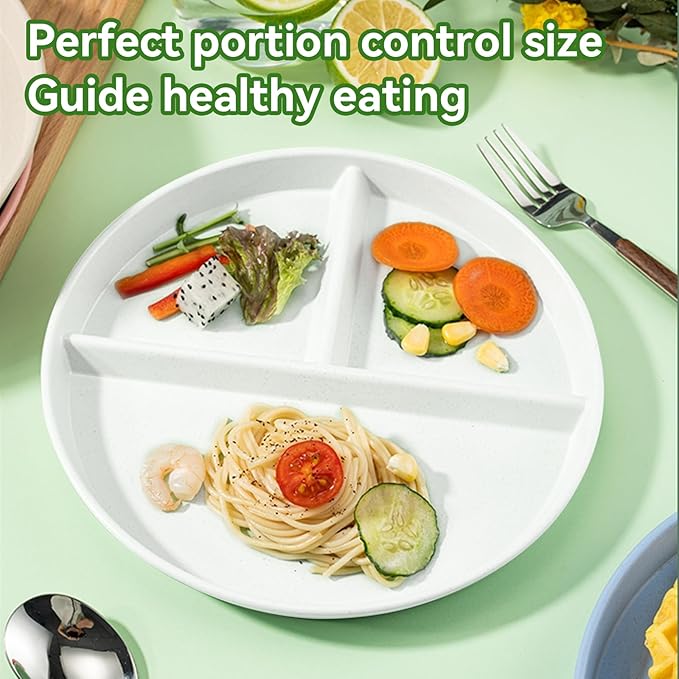 Unbreakable Divided Plates for Kids Adults 9 Inch 5Pcs,Round Portion Control Plate,3 Compartment Plates With Dividers,Microwave And Dishwasher Safe