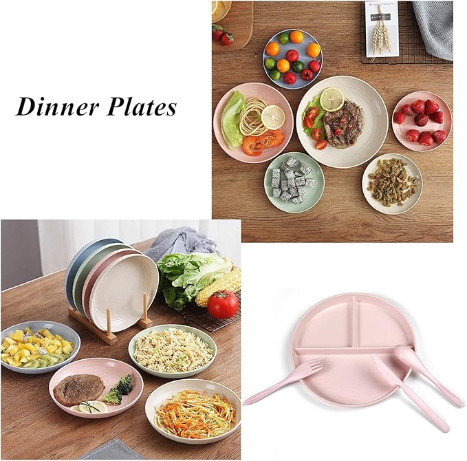 Wheat Straw Plates 4 Pcs Divided Plates Tray Lightweight Unbreakable 8" Dinner Plate Sets With Wheat Straw Cutlery Spoon Knife Fork Dishwasher & Microwave Safe