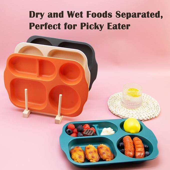 Divided Plates Set, Wheat Straw Portion Control Plate, Reusable Round Divided Plates for Adults, Lightweight Bariatric Plate with Compartments (Rectangular-Set of 4 S)