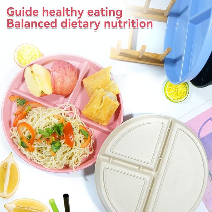 Portion Control Plate For Weight loss 9Inch 5PS, Reusable Wheat Straw Round Plastic Divided Dinner Plates, Microwave And Dishwasher Safe, Suitable For Kids And Adults