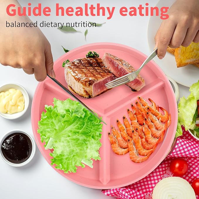 Portion Control Plate 9.6 Inch 8Piece, Divided Plates For Adults With 3 Compartments, Microwave And Dishwasher Safe,Suitable For Adult Weight Loss