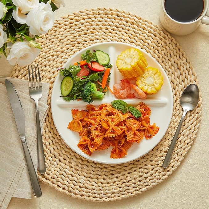 Porcelain Division Dinner Plates Set of 2, 9 Inch Divided Plates for Adults, Balanced Meal Building - White