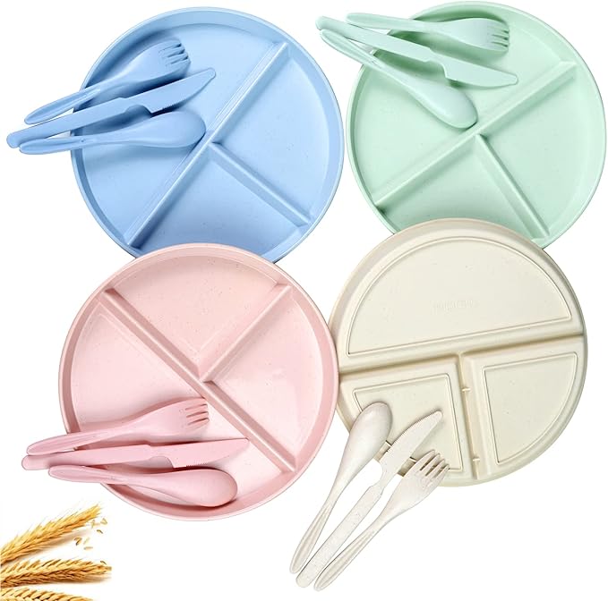 Wheat Straw Plates 4 Pcs Divided Plates Tray Lightweight Unbreakable 8" Dinner Plate Sets With Wheat Straw Cutlery Spoon Knife Fork Dishwasher & Microwave Safe