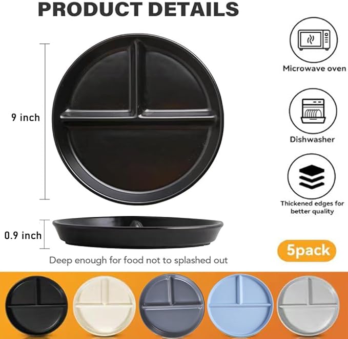 Portion Control Plate for Balanced Eating (5 Pack), 9" Unbreakable Divided Plates,3 Compartment Plates, Reusable Plastic Plates,Weight Loss, BPA Free