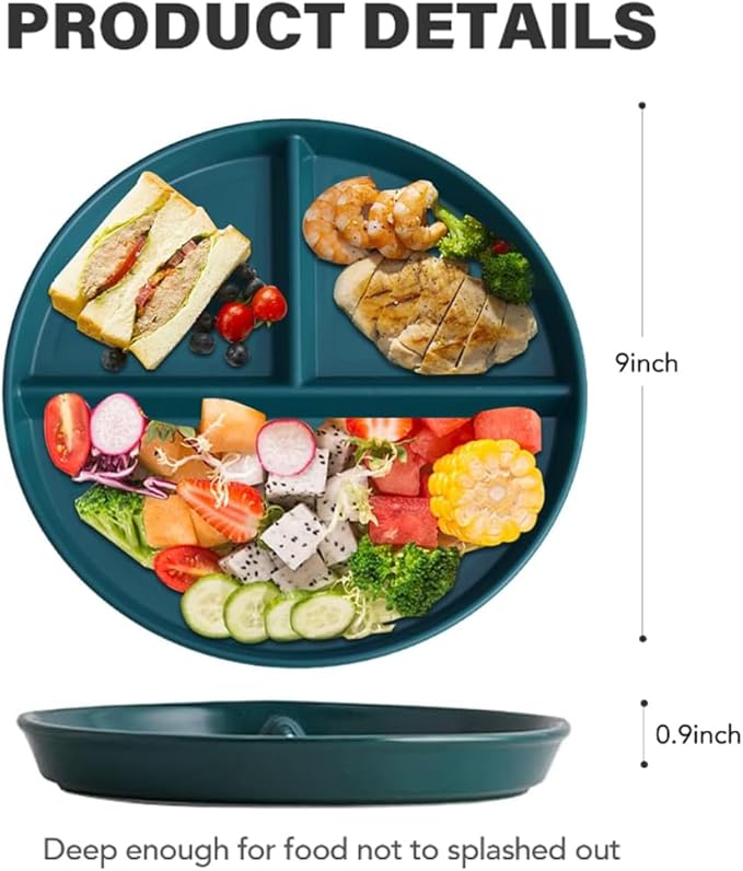 Unbreakable Divided Plates 5PCS for Kids Adults, Compartment Plate, Lightweight Reusable Dinnerware Portion Control Plastic Plates (5Pack 9 Inch)