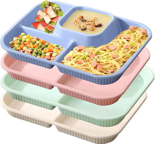 4PCS Unbreakable Divided Plates for Adults, Lightweight Reusable Plastic Compartment Portion Control Plates, 1.8 Inch deeper depth Dinner Plate for Soup,yogurt