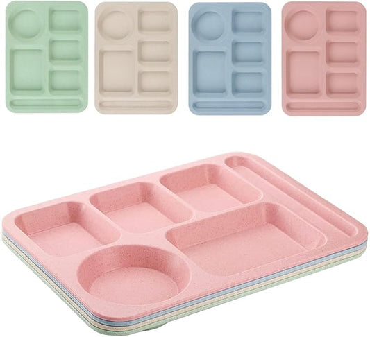 4Pcs Unbreakable Divided Plate,14inch Reusable Plastic Lunch Trays With 6 Compartments,Large Portion Control Plate Serving Meal Plate for Adults,Microwave & Dishwasher Safe For Daily Use,4Colors