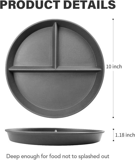 10 Inch 4PCS Unbreakable Portion Control Plates, Divided Plates for Kids Adults, Dishwasher & Microwave Safe Compartment Plate, Lightweight Reusable Wheat Straw Plate, Earth Tone