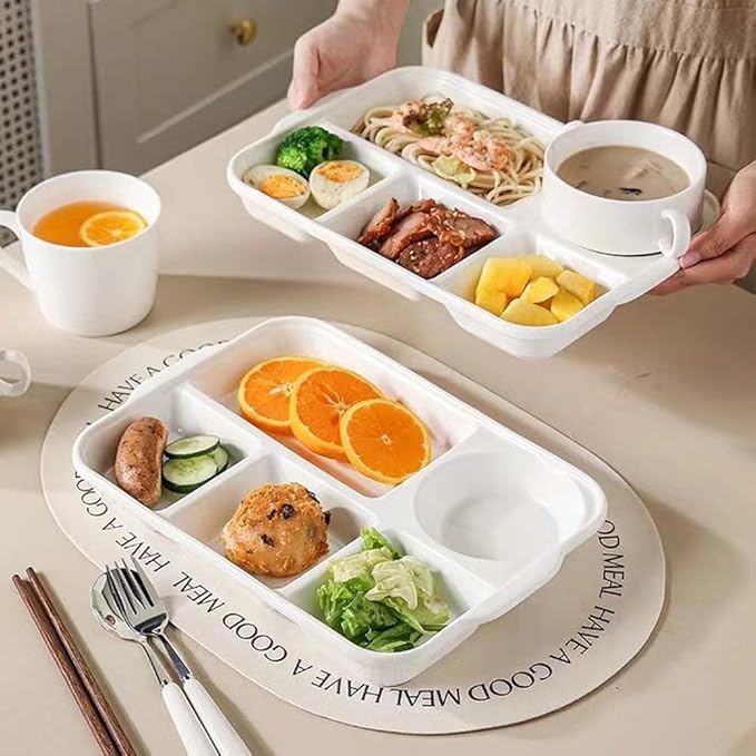 12.5inch Ceramic Divided Plate,5 Compartment Portion Control Plate,Reusable Bariatric Plate for Adults,White Dinner Plates for Daily Use,Dessert Plates for Balanced Meal