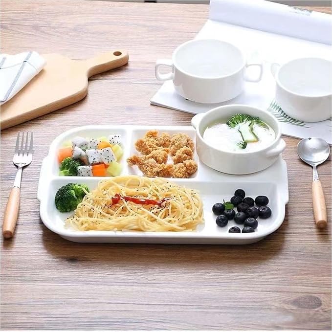 12.5inch Ceramic Divided Plate,5 Compartment Portion Control Plate,Reusable Bariatric Plate for Adults,White Dinner Plates for Daily Use,Dessert Plates for Balanced Meal