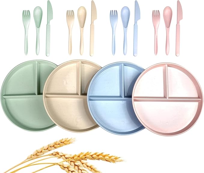 Wheat Straw Plates 4 Pcs Divided Plates Tray Lightweight Unbreakable 8" Dinner Plate Sets With Wheat Straw Cutlery Spoon Knife Fork Dishwasher & Microwave Safe