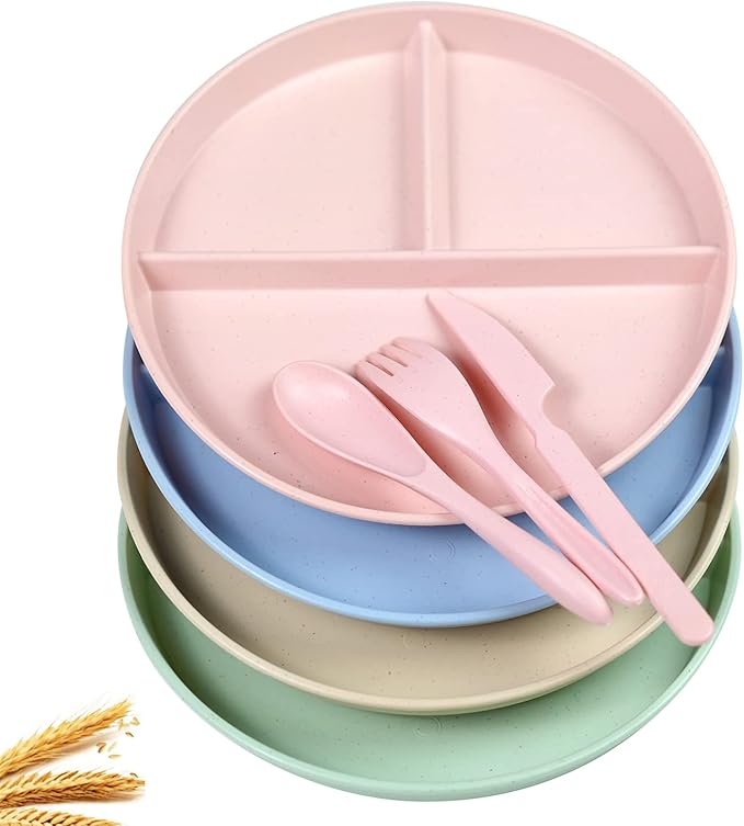 Wheat Straw Plates 4 Pcs Divided Plates Tray Lightweight Unbreakable 8" Dinner Plate Sets With Wheat Straw Cutlery Spoon Knife Fork Dishwasher & Microwave Safe
