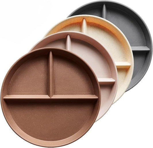 10 Inch 4PCS Unbreakable Portion Control Plates, Divided Plates for Kids Adults, Dishwasher & Microwave Safe Compartment Plate, Lightweight Reusable Wheat Straw Plate, Earth Tone