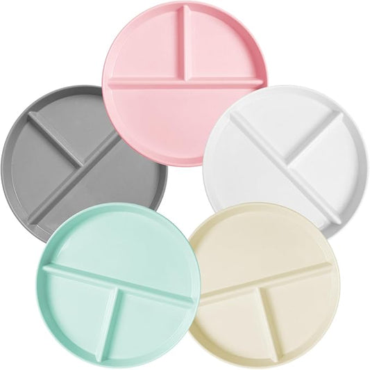 Unbreakable Divided Plates for Kids Adults 9 Inch 5Pcs，Round Portion Control Plate,3 Compartment Plates With Dividers，Microwave And Dishwasher Safe