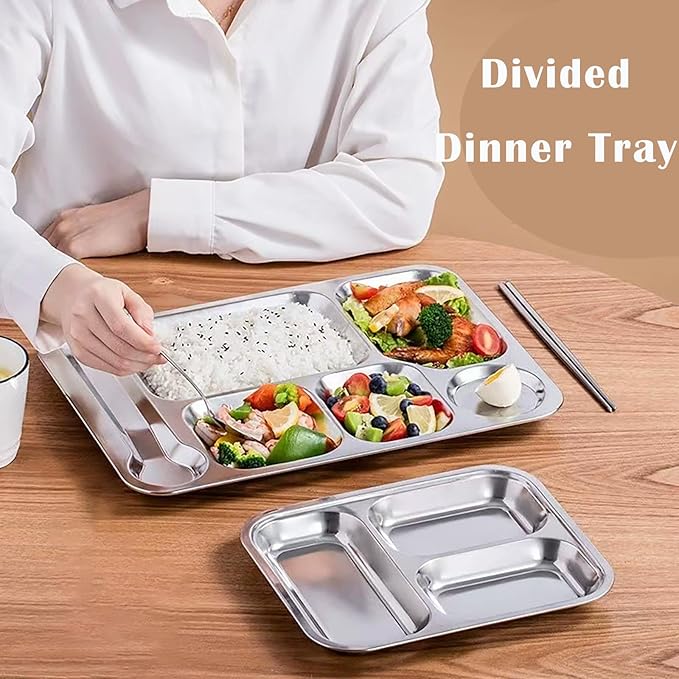 4 Pack Stainless Steel Divided Plates Tray, 6 Sections Rectangular Dinner Plates Control Plates for Adults, Picky Eaters, Campers, Diet Food Portion Control