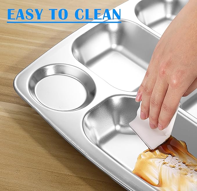 4 Pack Stainless Steel Divided Plates Tray, 6 Sections Rectangular Dinner Plates Control Plates for Adults, Picky Eaters, Campers, Diet Food Portion Control
