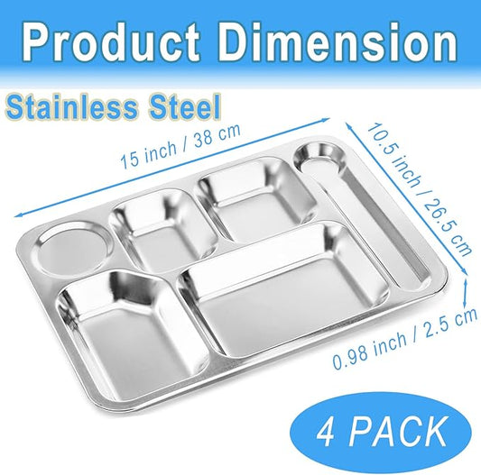 4 Pack Stainless Steel Divided Plates Tray, 6 Sections Rectangular Dinner Plates Control Plates for Adults, Picky Eaters, Campers, Diet Food Portion Control