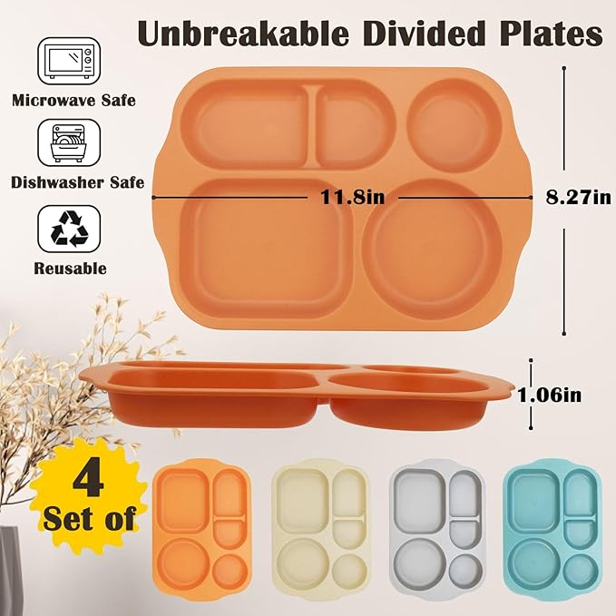 Divided Plates Set, Wheat Straw Portion Control Plate, Reusable Round Divided Plates for Adults, Lightweight Bariatric Plate with Compartments (Rectangular-Set of 4 S)
