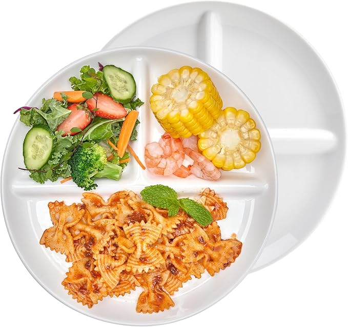 Porcelain Division Dinner Plates Set of 2, 9 Inch Divided Plates for Adults, Balanced Meal Building - White