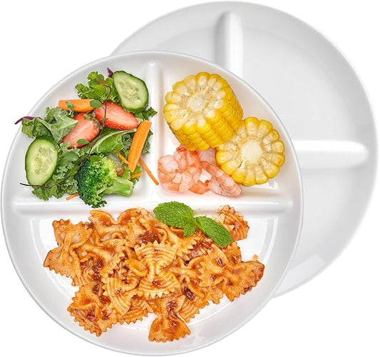 Porcelain Division Dinner Plates Set of 2, 9 Inch Divided Plates for Adults, Balanced Meal Building - White