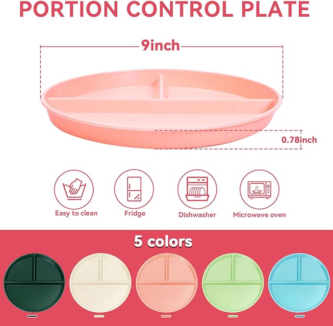 Portion Control Plate For Weight loss 9Inch 5PS, Reusable Wheat Straw Round Plastic Divided Dinner Plates, Microwave And Dishwasher Safe, Suitable For Kids And Adults