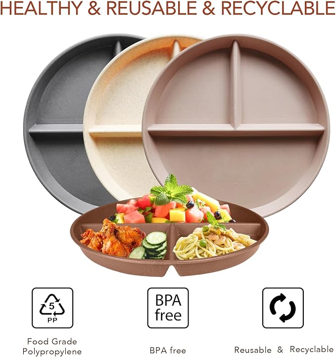 10 Inch 4PCS Unbreakable Portion Control Plates, Divided Plates for Kids Adults, Dishwasher & Microwave Safe Compartment Plate, Lightweight Reusable Wheat Straw Plate, Earth Tone