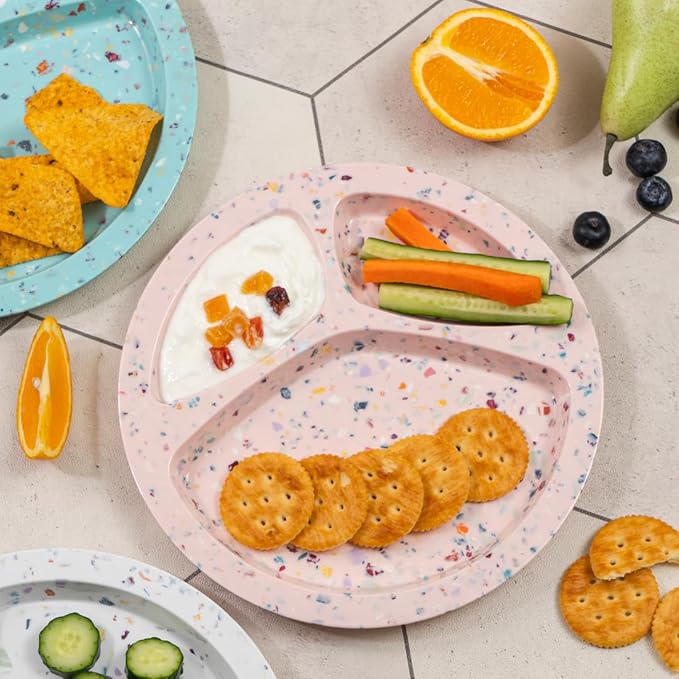 9-Inch  Divided Plates – 3-Section Portion Control Plates, Food Safe & Durable, Lightweight & Unbreakable, Reusable Tableware for Kids, Big Kids & Everyday Meals, Confetti Pink
