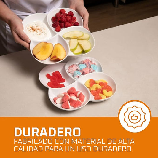 8.5 inch Ceramic 4-Section Stackable Serving Tray in White, Set of 2 Appetizer, Snack, Dessert Platters | Reusable, Perfect for Dinner party, BPA-free, Oven and dishwasher Safe