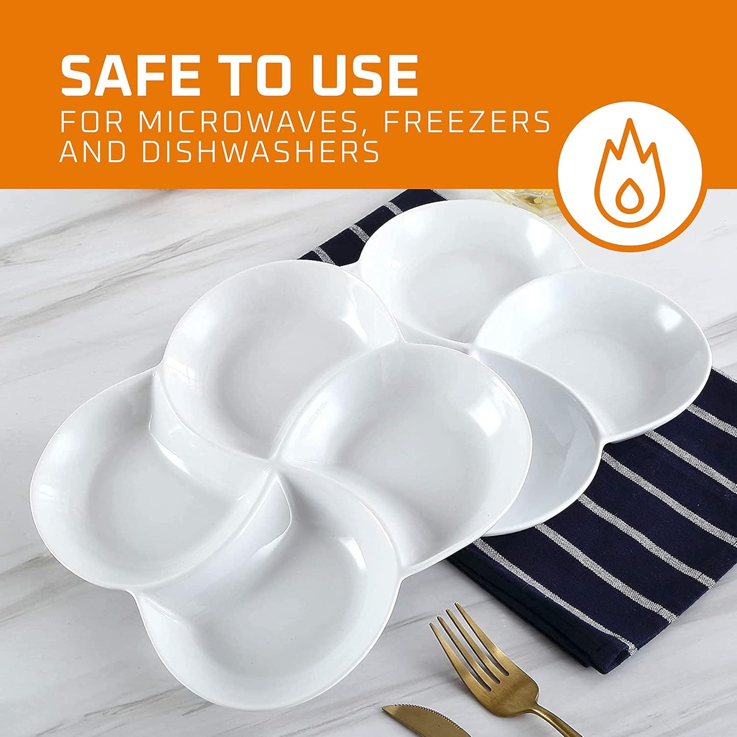 8.5 inch Ceramic 4-Section Stackable Serving Tray in White, Set of 2 Appetizer, Snack, Dessert Platters | Reusable, Perfect for Dinner party, BPA-free, Oven and dishwasher Safe